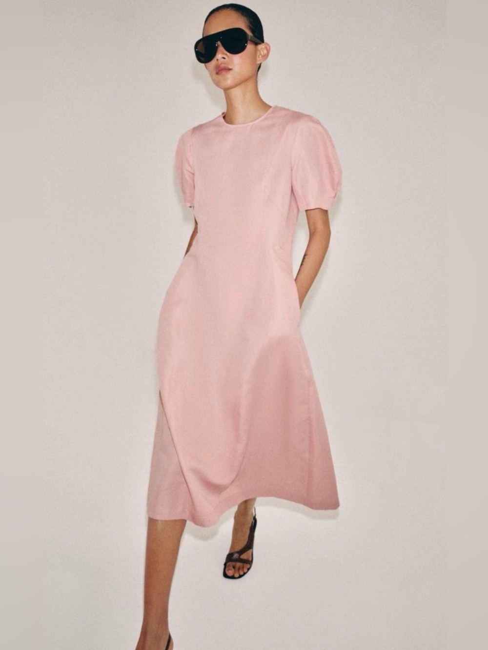 Zara Linen Blend Midi Dress Round Neck Short Puffed Sleeves Pastel Pink Large